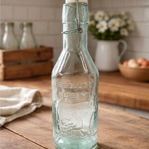 Vintage Embossed Glass Cow Milk Bottle “Absolutely Pure Milk” Swing Top